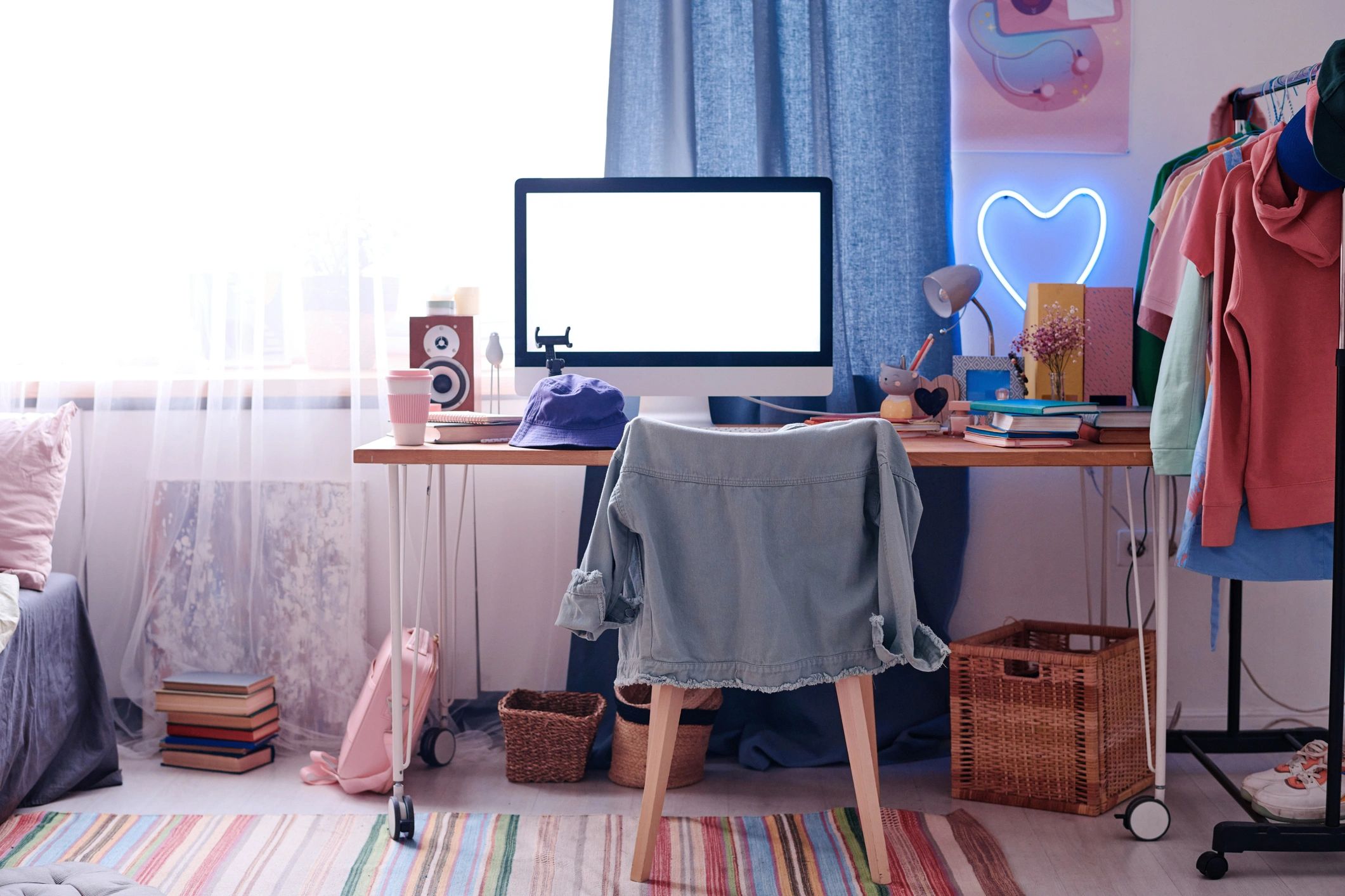Cozy writing desk with books and warm light